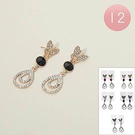 12Pairs - Oval Faceted Stone Accent Rhinestone Pave Butterfly Teardrop Earrings