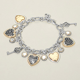 Two Tone Antique Metal Heart Clover Key Stone Charm Station Bracelet