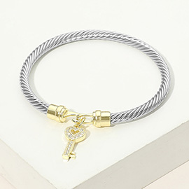CZ Pave Key Charm Cable Bangle Bracelet