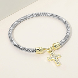 CZ Pave Cross Charm Cable Bangle Bracelet