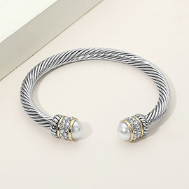 CZ Pave Pearl Tip Twisted Cable Cuff Bracelet