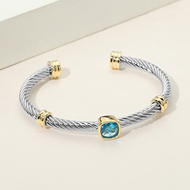 Square CZ Bezel Accent Two Tone Twisted Cable Cuff Bracelet