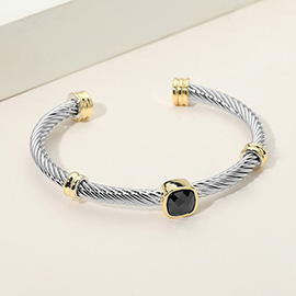 Square CZ Bezel Accent Two Tone Twisted Cable Cuff Bracelet