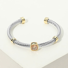 Square CZ Bezel Accent Two Tone Twisted Cable Cuff Bracelet