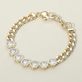 14K Gold Plated Round CZ Bezel Link Curb Chain Bracelet