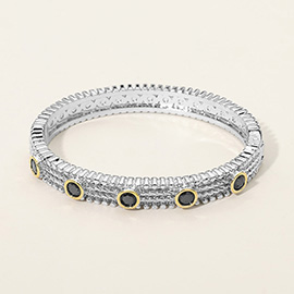 CZ Bezel Station Accent Textured Hinged Bangle Bracelet