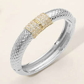 Two Tone CZ Pave Bar Accent Textured Hinged Bangle Bracelet