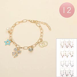 12PCS - Bow Star Pearl Charm Station Paperclip Chain Bracelets