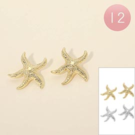 12Pairs - Textured Metal Starfish Earrings