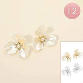 12Pairs - Pearl Floral Earrings
