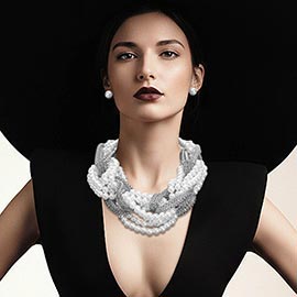Bold Braided Pearl Metal Mesh Knot Statement Necklace