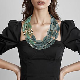 Bold Marbled Resin Oval Beaded Multi Layered Statement Necklace