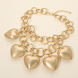 Bold Puffy Metal Heart Charm Station Linked Chain Layered Statement Necklace