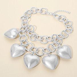 Bold Puffy Metal Heart Charm Station Linked Chain Layered Statement Necklace