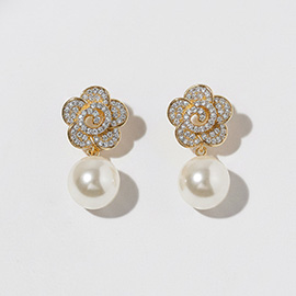Gold Dipped CZ Pave Flower Pearl Drop Earrings