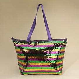 Mardi Gras Sequin Stripe Shoulder Tote Bag