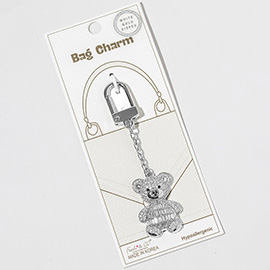 White Gold Dipped CZ Stone Paved Teddy Bear Drop Keychain Bag Charm