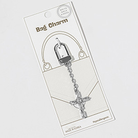 White Gold Dipped CZ Cross Drop Keychain Bag Charm