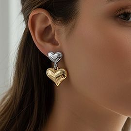 Gold Dipped Two Tone Double Puffy Heart Link Drop Earrings