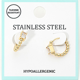 Stainless Steel Rectangular Stone Accent Beaded Mini Huggie Hoop Earrings