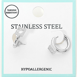 Stainless Steel Square Stone Accent Mini Huggie Hoop Earrings