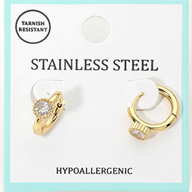 Stainless Steel Round Stone Accent Mini Huggie Hoop Earrings