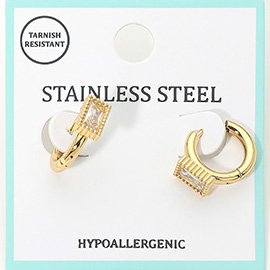 Stainless Steel Baguette Stone Accent Mini Huggie Hoop Earrings