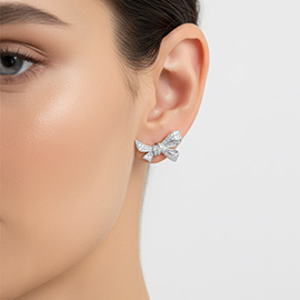 White Gold Dipped CZ Pave Bow Knot Stud Earrings