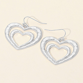 Worn Metal Hammered Double Heart Layered Drop Earrings