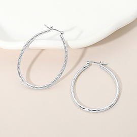Silver Dipped Twisted Oval Pin Catch Hoop Earrings