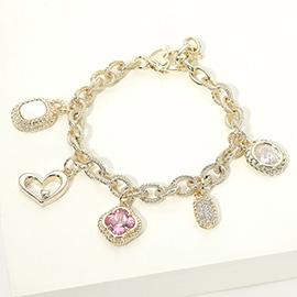 14K Gold Plated CZ Quatrefoil Heart Mother of Pearl Frame Charm Station Bracelet