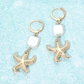 Starfish Square Pearl Charm Link Drop Huggie Earrings