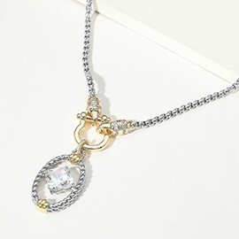 14K Gold Plated Two Tone Quatrefoil CZ Stone Center Oval Horseshoe Link Charm Necklace