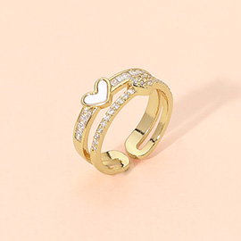 Gold Plated Mother of Pearl Heart Accent CZ Pave Double Band Adjustable Ring
