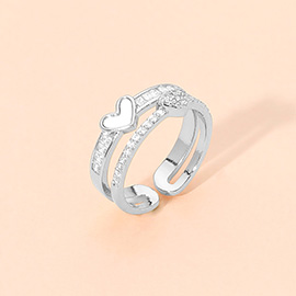 White Gold Plated Mother of Pearl Heart Accent CZ Pave Double Band Adjustable Ring