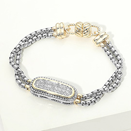 14K Gold Plated Two Tone CZ Pave Oval Bar Accent Layered Magnetic Bracelet