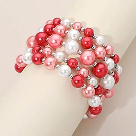 5PCS - Colorful Pearl Beaded Stretch Multi Layered Bracelets