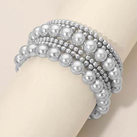 6PCS - Pearl Beaded Stretch Multi Layered Bracelets