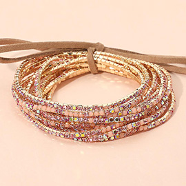 12PCS - Ribbon Colorful Rhinestone Layered Stretch Bracelets