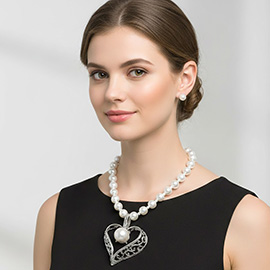 Bold Pearl Accent Heart Pendant Chunky Pearl Necklace