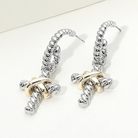 14K Gold Plated Two Tone Twisted Crisscross Cross Drop Half Hoop Earrings