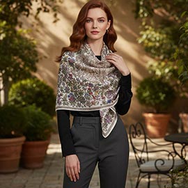 Vintage Botanical Printed Oblong Silky Satin Scarf Shawl