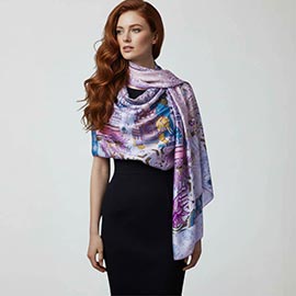 Ornate Elephant Motif Printed Oblong Silky Satin Scarf Shawl