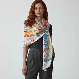 Ornate Elephant Motif Printed Oblong Silky Satin Scarf Shawl