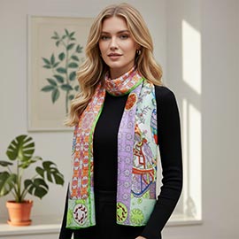 Ornate Elephant Motif Printed Oblong Silky Satin Scarf Shawl