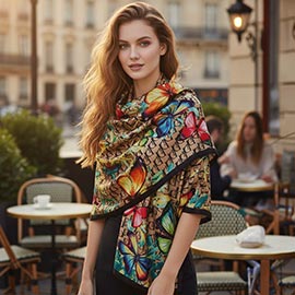 Butterfly Pattern Printed Oblong Silky Satin Scarf Shawl