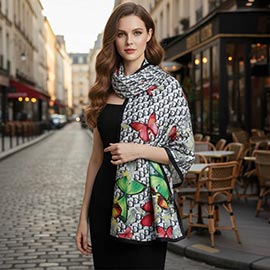 Butterfly Pattern Printed Oblong Silky Satin Scarf Shawl