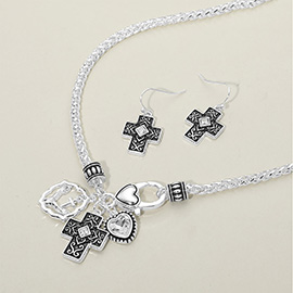 Antique Metal Cross Heart Stone Charm Pendant Necklace