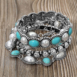 4PCS - Boho Oval Round Stone Pearl Embellished Stretch Multi Layered Bracelets