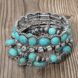 4PCS - Boho Oval Round Stone Pearl Embellished Stretch Multi Layered Bracelets